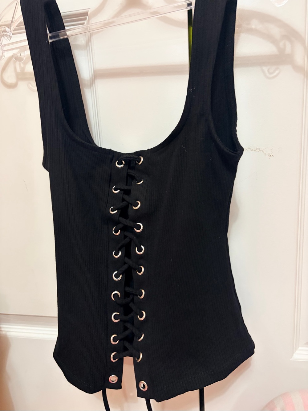 Fashion Nova Black Ribbed Lace-Up Tank capri set